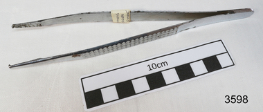 Stainless steel forceps with L shaped ends.