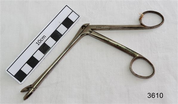 Stainless steel angled forceps with ring shaped ends.