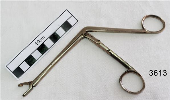 Stainless steel angled forceps with scoop shaped ends.