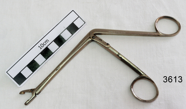 Stainless steel angled forceps with scoop shaped ends.