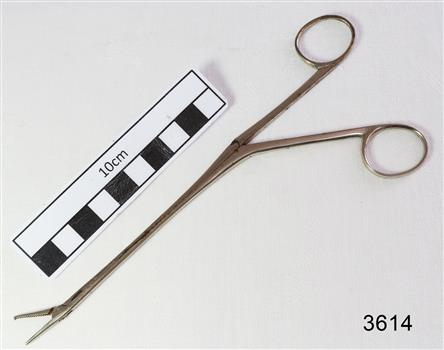 Stainless steel angled forceps with crocodile teeth ends.