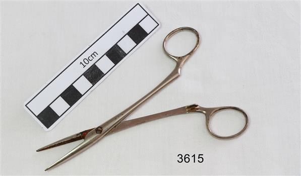 Stainless steel forceps with crocodile teeth grips.