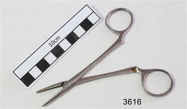 Stainless steel forceps with crocodile teeth grips.