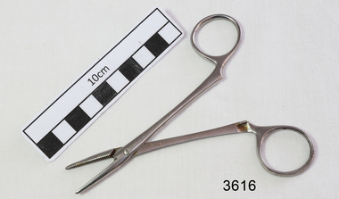 Stainless steel forceps with crocodile teeth grips.