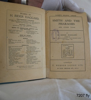 Fly page has text and opposite page has list of books written by same author