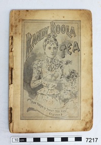 Black and white drawing of a young lady holding a cup and saucer. Her hair is in a bun, her long sleeved dress is light coloured with a small pattern, a large bow at her neck and ruffles at her wrists and waist. Text in a ribbon below the image reads "How frest and sweet your are (King John)" 