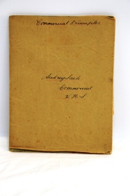 Brown paper covered exercise book with script ink writing