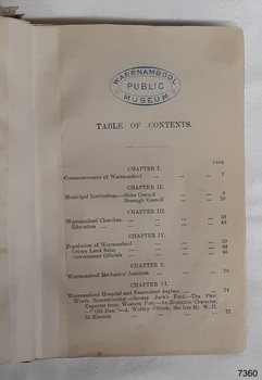Oval purple stamp of Warrnambool Public Museum and printed list of contents