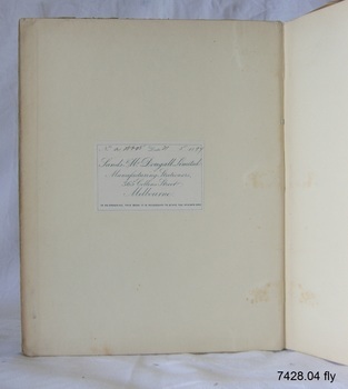 Front endpaper has printed label attached, with inscription on label