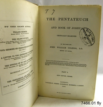 Fly page has printed text, oval stamp and handwritten inscription