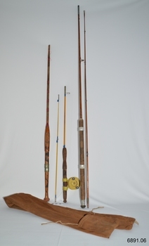 A collection of various types of fishing rods, together with a fabric bag for storage.