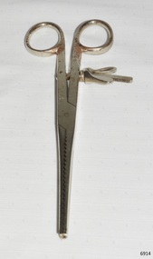Stainless steel forceps with crocodile teeth grips and screw clamp.