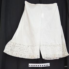White cotton bloomers with lace inserts and trim on legs