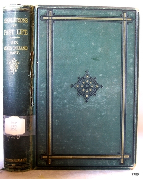 Green hardcover book with border and decoration on cover. Spine has embossed gold text and decoration, and a label 