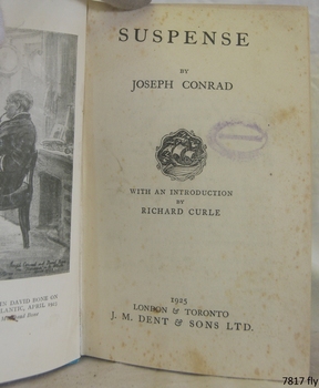 Printed page with stamp and opposite sketch in black and white