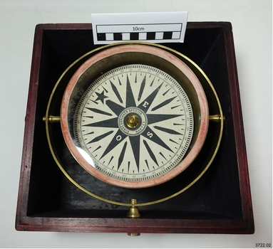 Round compass within fitted box base, from above