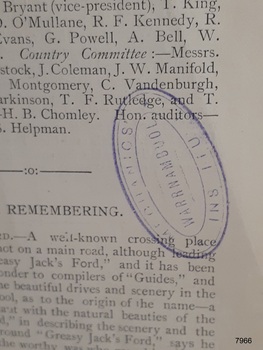 Oval purple stamp printed with title Warrnambool Mechanics' Institute