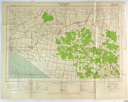 Colour map of Panmure showing sea, waterways and land. Roads, towns, buildings are identified.
