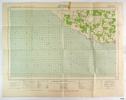 Colour map of Port Campbell showing sea, waterways and land. Roads, towns, buildings are identified.