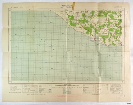 Colour map of Port Campbell showing sea, waterways and land. Roads, towns, buildings are identified.