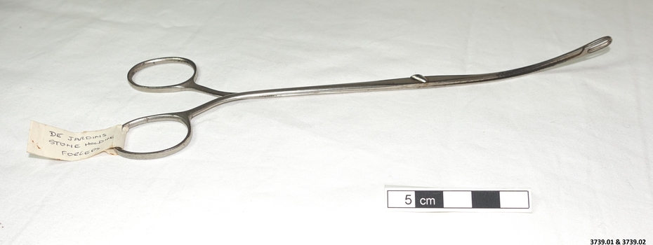 Stainless steel De Jardins stone holding forceps. There is a slight angle on the ends which are hollow. The separate parts fit together with a pin and hole and a clip clamps them shut.  