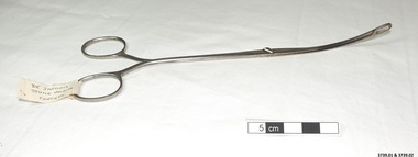 Stainless steel De Jardins stone holding forceps. There is a slight angle on the ends which are hollow. The separate parts fit together with a pin and hole and a clip clamps them shut.  