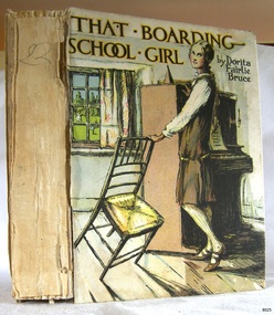 Book's spine, damaged, and coloured illustration on the front cover