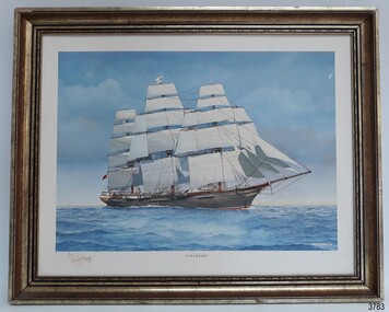 Framed print of colonial clipper ship Schomberg, full sail, bow towards right of picture