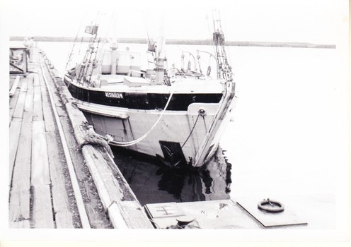 Black and white photograph, bow of REGINALD M with painted name