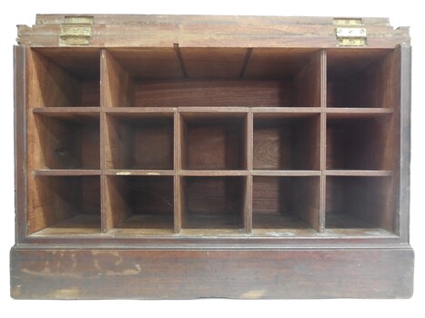 Cabinet of wood currently has 13 pigeon-hole compartments