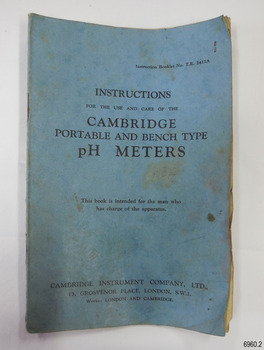 Blue card cover with printed title, Instructions for portable and bench pH meters.