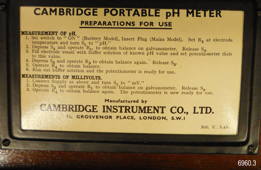 Plate has instructions for Preparation for Use of the pH meter