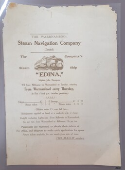 Poster has print and image of sailing vessel. Document is brown text on cream paper, laminated.