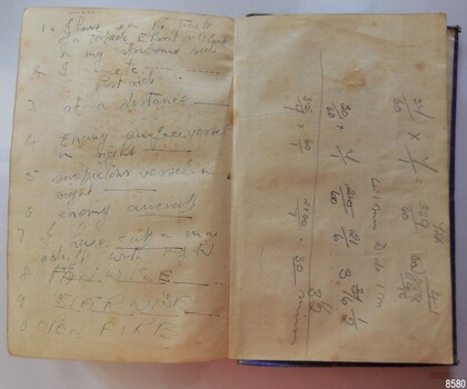 Left page has handwritten and numbered points. Pages have handwritten notes