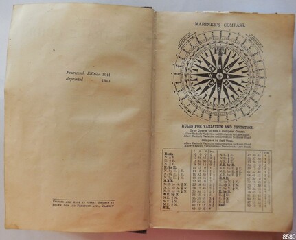 Publication information, diagram of a compass face and calculation table