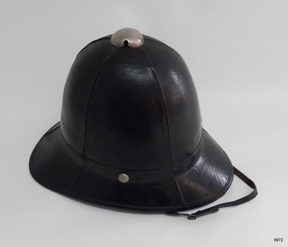 View shows side of air vent and leather chin strap