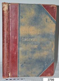 Cover is green fabric with red reinforcing on corners and spine. The reinforcing is trimmed with a gold line on the edges. The title is in gold print.