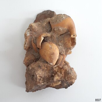 Pieces of pipe bowls and stems are amongst the concretion of matter.