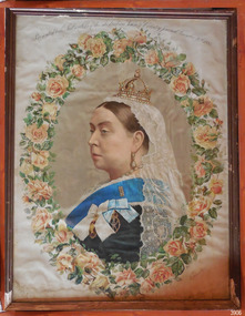 Framed coloured print of Queen Victoria, behind glass