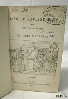 Fly page has black text and etching of a scene, two stamps, and inscriptions in pen and pencil