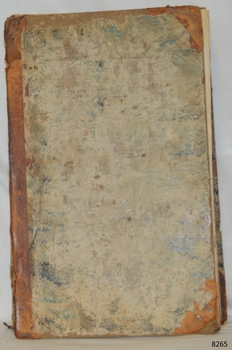 Large cardboard covered book with reinforced corners and spine, poor condition