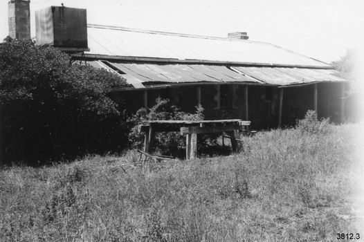 Black and white photograph of a stone building with a veranda. Roof of building and veranda room are corrugated iron. A tall stone chimney is on the left and the top of a chimney is on the right, over the top of the roof. A raised metal cube aligns with roof gutter on left side. At the right end, the veranda follows around the corner. The iron sheeting of the veranda is dislodged in places and the beams across its front have collapsed in places. In the shadow of the veranda appears to be several windows bordered by light coloured stone work - some are shorter than others. Square poles support the veranda - six are visible. There is a timber platform in left front of the building and timber framework on the ground to the left of it. Overgrown grass is in the foreground and there is a tree on both left and right sides of building.