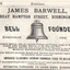 Page 216 of Exhibitors catalogue for 1897 Church Congress.. Sketch of a bell with clanger in centre of text promoting James Barwell's Bell Foundry business.