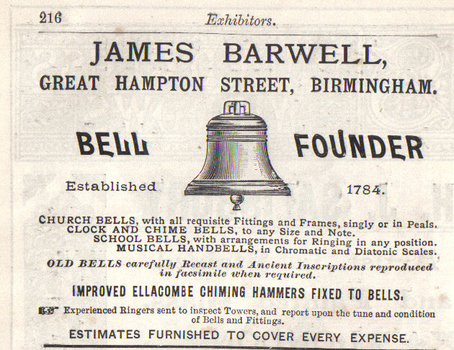 Page 216 of Exhibitors catalogue for 1897 Church Congress.. Sketch of a bell with clanger in centre of text promoting James Barwell's Bell Foundry business.