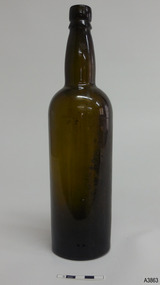 Bottle is cylindrical, tall and slim, with a bulbous neck
