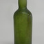 Green bottle, tall and narrow, bulbous neck.