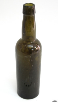 Olive green bottle, thin and tall, slightly bulbous neck