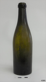 Olive green bottle has smooth lines, cork top with straight band collar