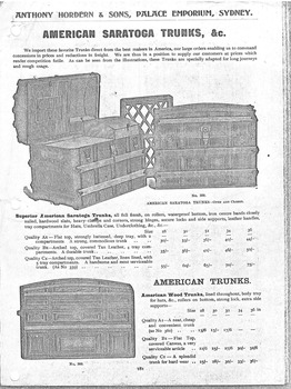 Text and illustrations of similar trunks on sale in a Sydney catalogue