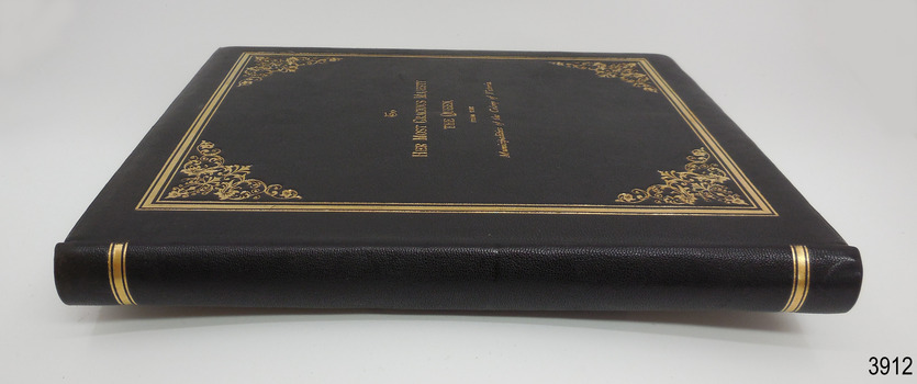 Spine neatly bound, top and bottom boarder in gold lines matching front cover
